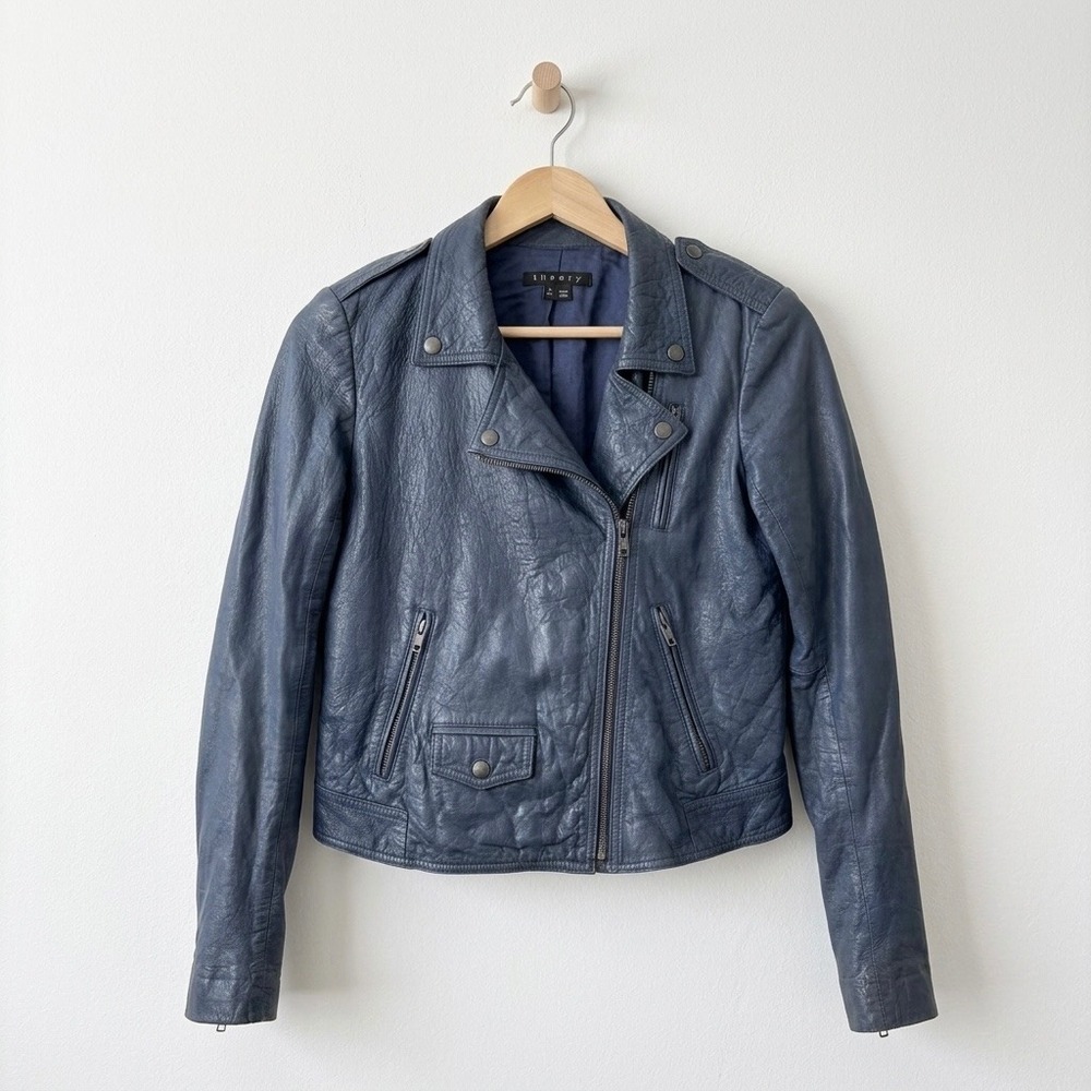 Theory Slate Blue Lambskin Leather Biker Moto‎ Jacket Small Downtown Cool Indie